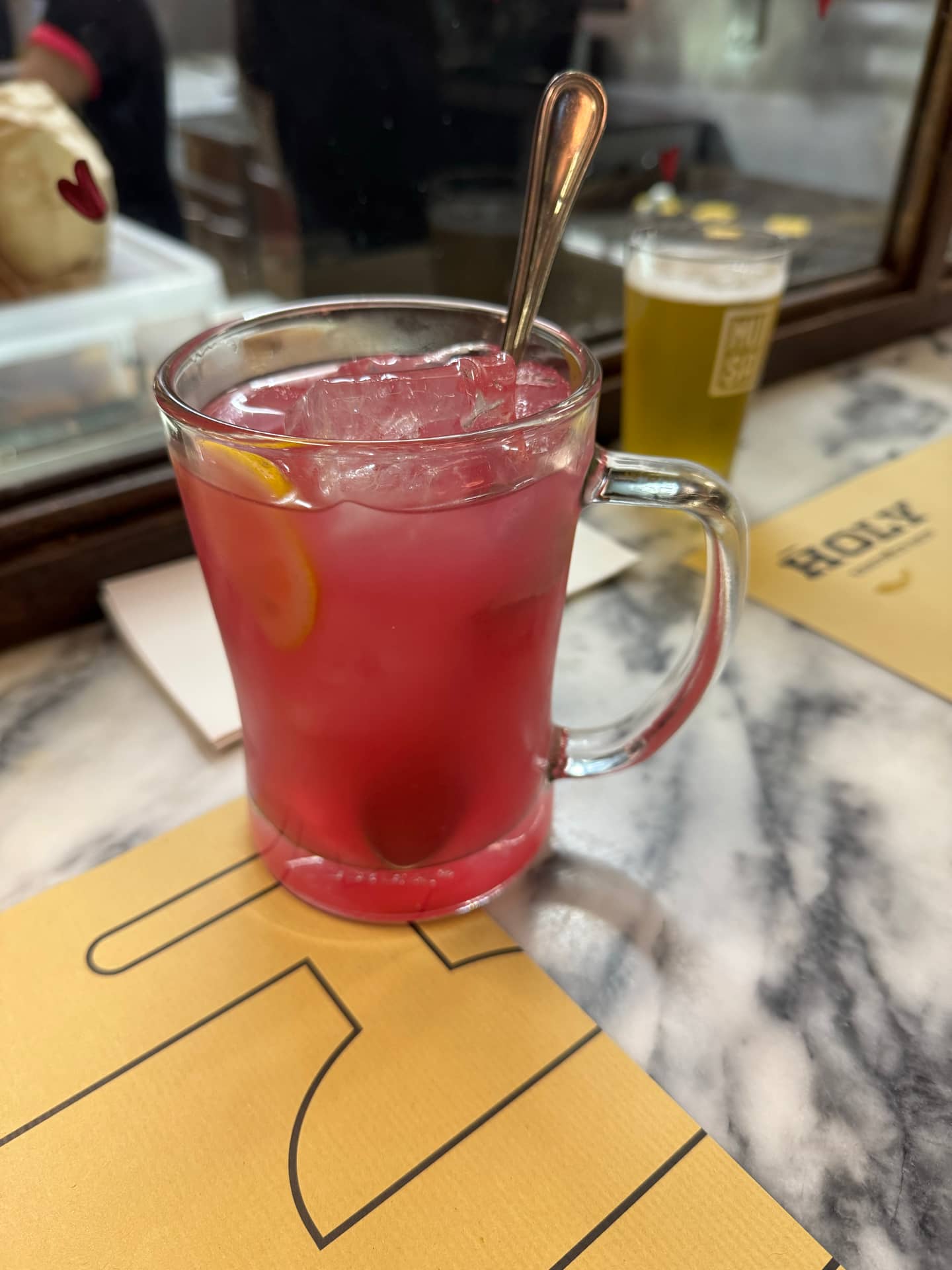 A strawberry drink in Holy Burger.